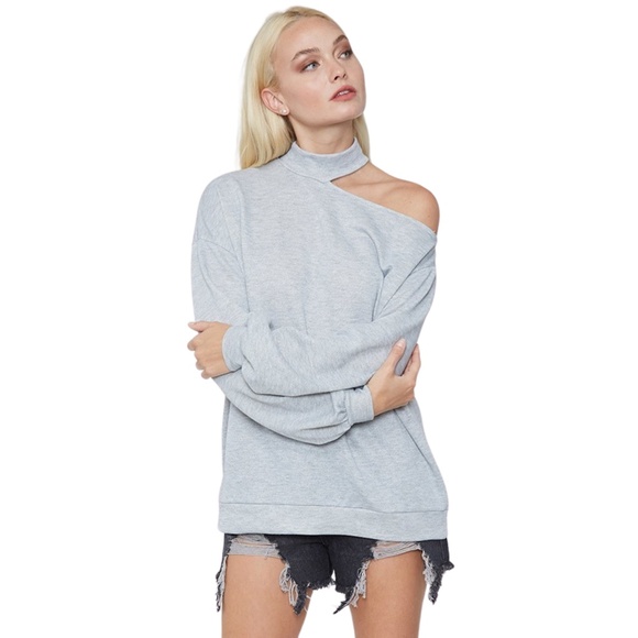 Asymmetrical Cutout Choker Sweatshirt – Heather Gray - Picture 3 of 6